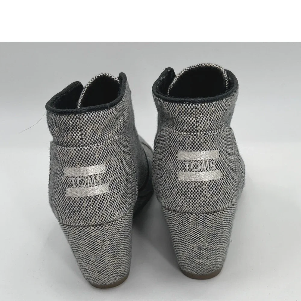 Toms Desert Wedge Linen Tweed Black White Metallic Gold Lace-up Ankle Bootie 7